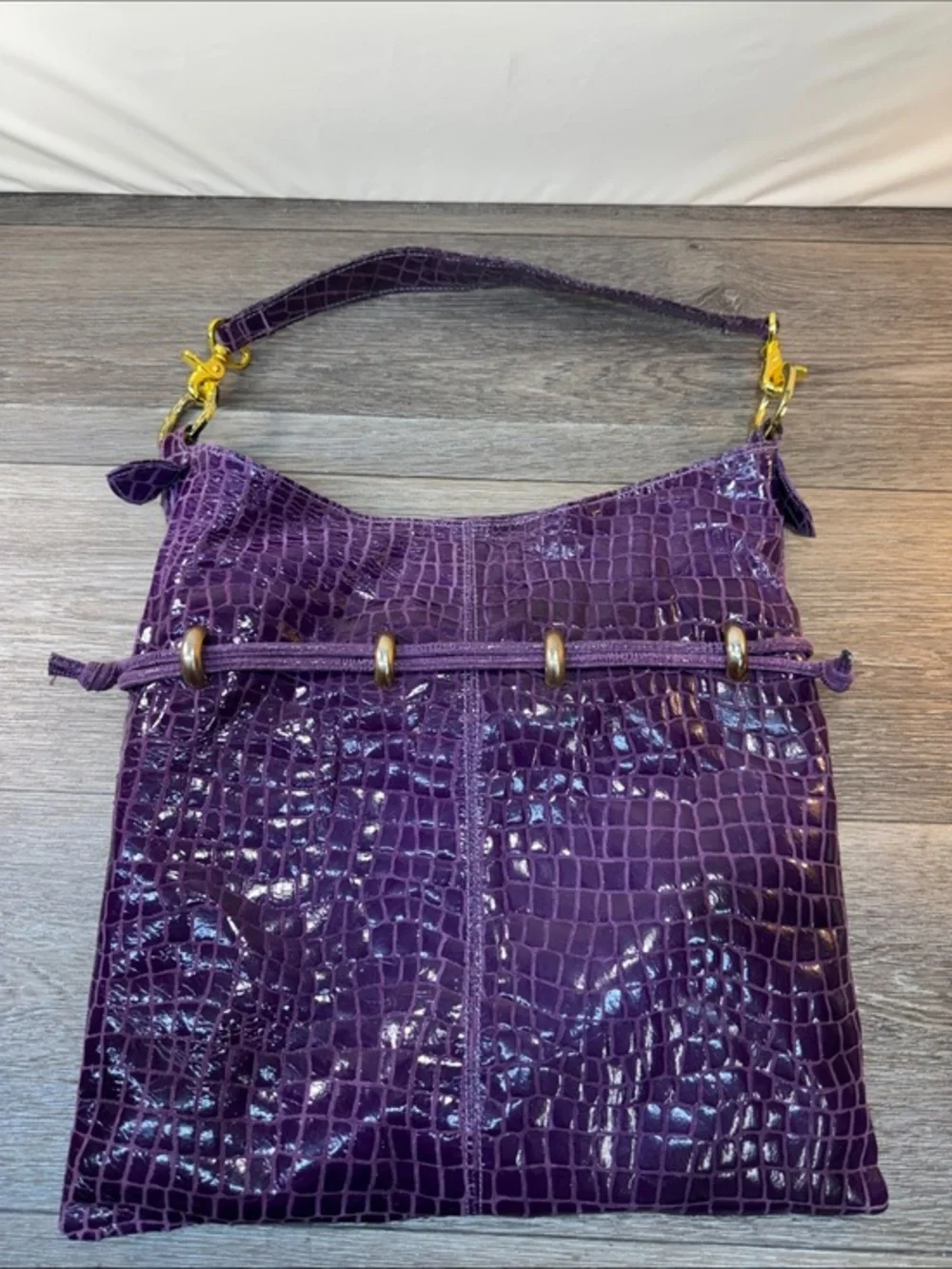 Andre Oliver Purple Croc-Embossed Shoulder Bag with Gold Hardware